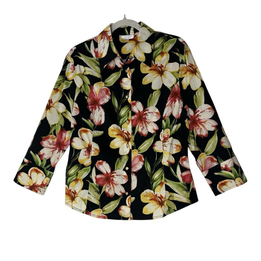 ST. JOHN SPORT Shirt Top Women's Large Floral Button Up Stretch Hawaiian Luxury